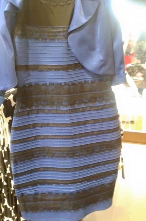 The Dress viral optical illusion showing ambiguous color perception (white/gold or blue/black)